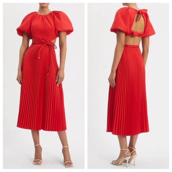 REBECCA VALLANCE Magdalena Red Puff Sleeve Open Back Cut Out Midi Dress US 10 - Picture 2 of 15